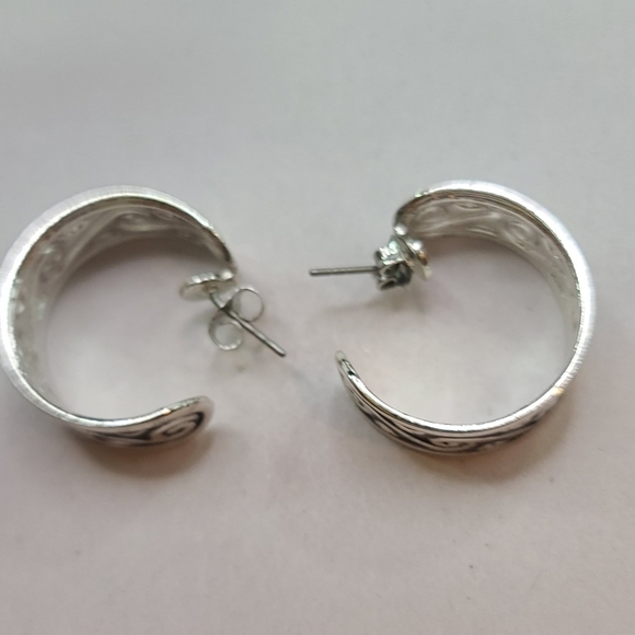 Silver Tone Scrolled Design Pierced Hoop Earrings - Picture 2 of 3